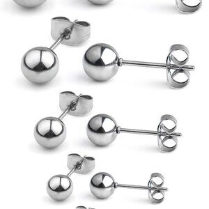 Silver Stainless Steel 20G Ball Stud Earrings Set of 6 Pairs with Multiple Sizes
